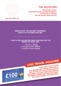 Christian magazine announcement with travel voucher offer.